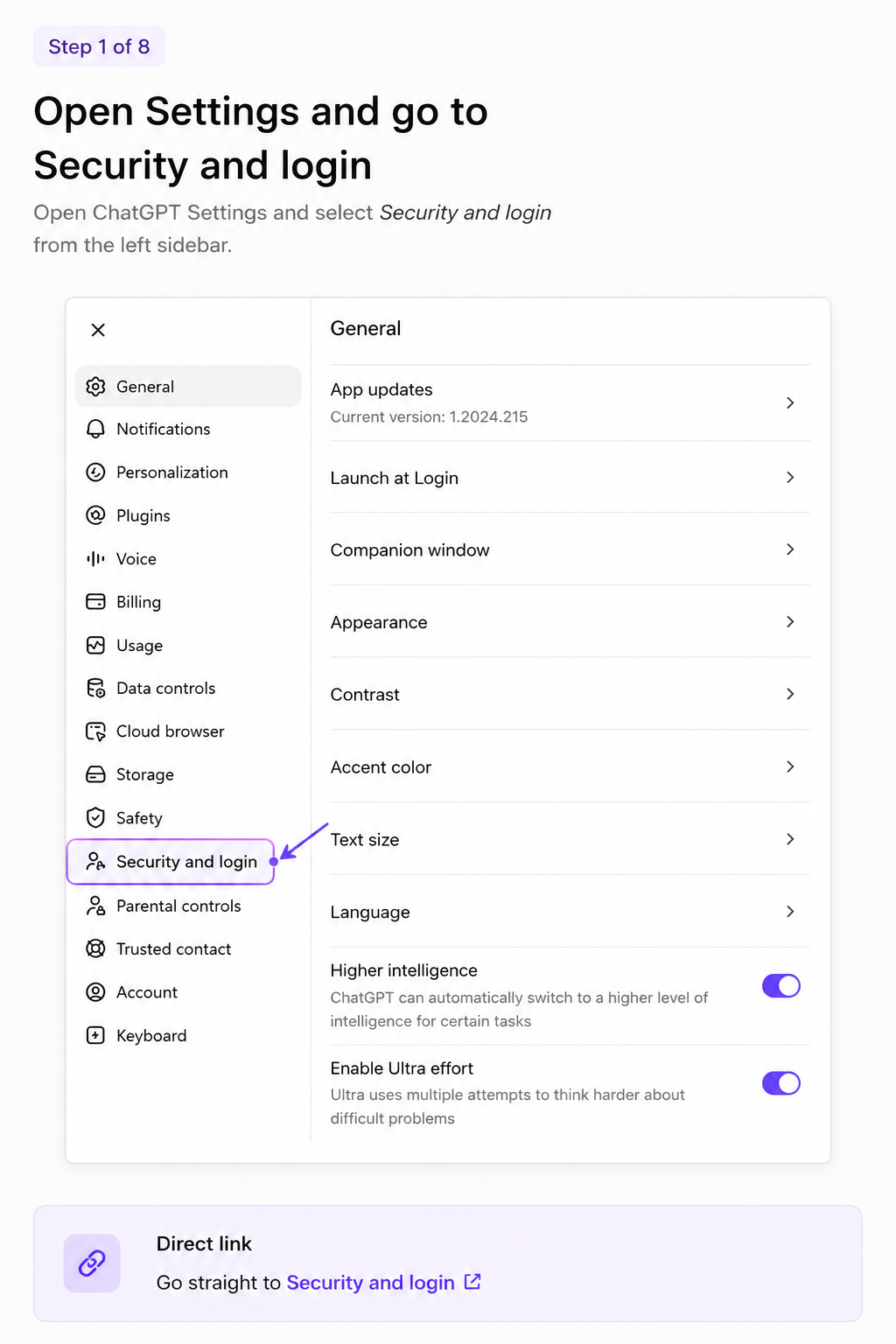 ChatGPT Settings with Security and login clearly marked in the left sidebar
