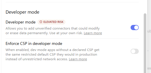 ChatGPT Developer mode setting switched on