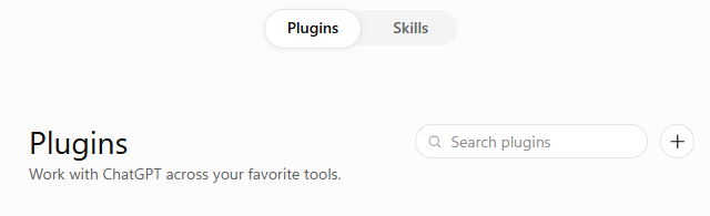 ChatGPT Plugins page with Plugins selected and plus button at right