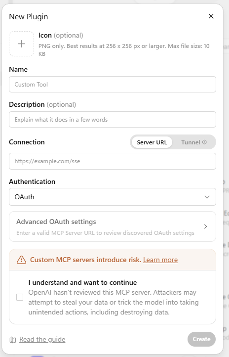ChatGPT New Plugin form showing the Server URL connection field