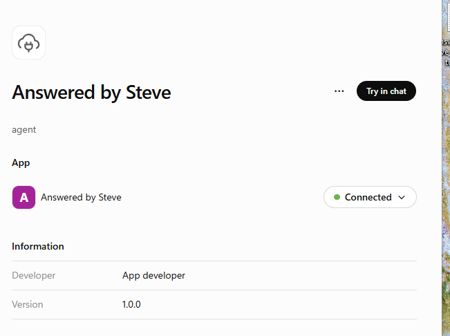 Answered by Steve plugin page showing a green Connected status and Try in chat button