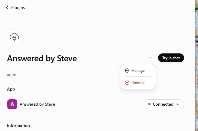 Answered by Steve plugin three-dot menu with Manage and Uninstall options
