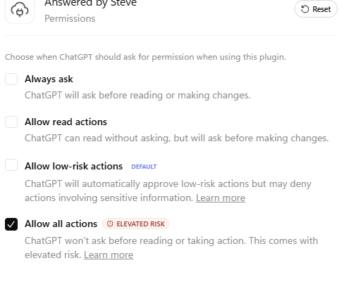 Answered by Steve permission options with Allow all actions selected
