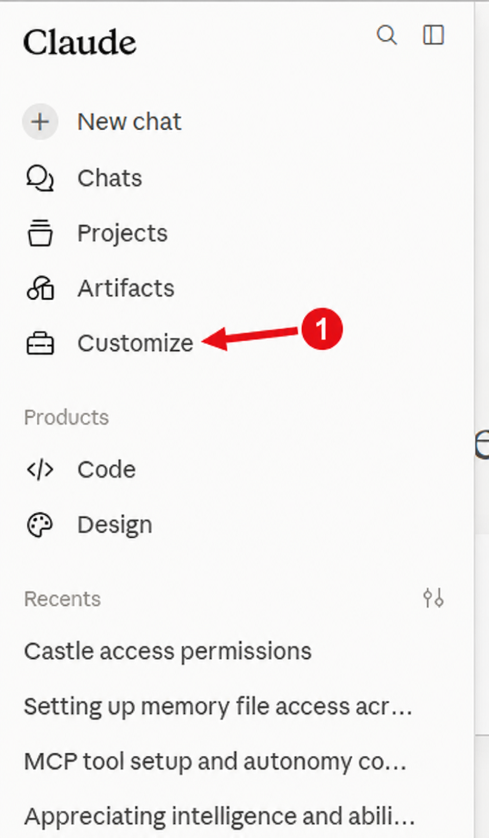 Claude menu with Customize marked