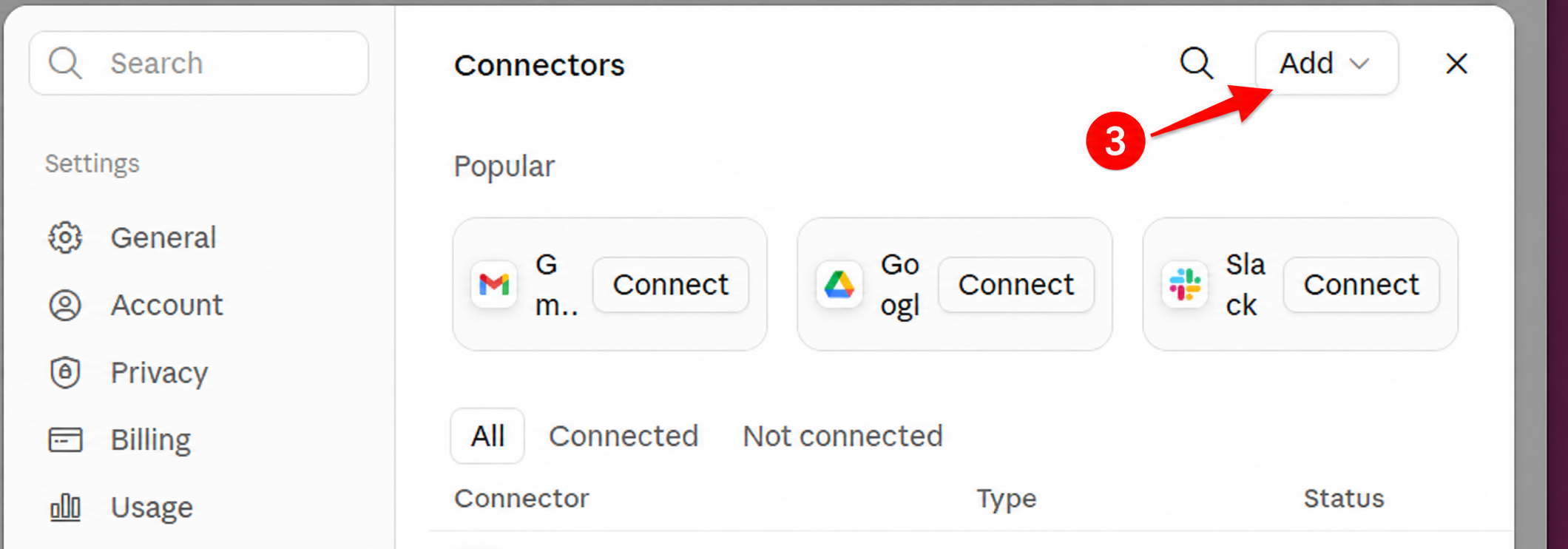 Claude Connectors page with Add custom connector marked