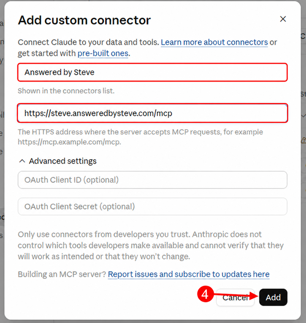 Claude custom connector form with name and URL fields marked
