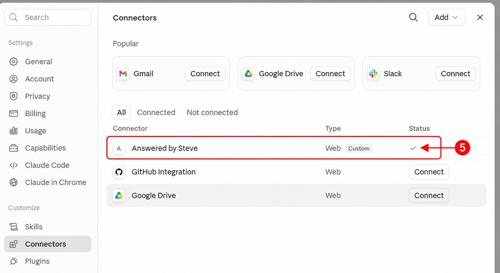 Claude Connectors page showing Answered by Steve connected